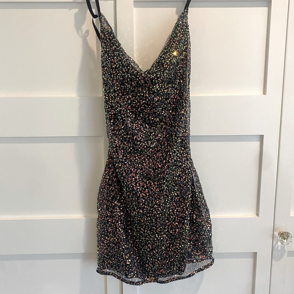 Cowl Neck Mulitcolored Sequin Black Mini Dress - open back & lined S